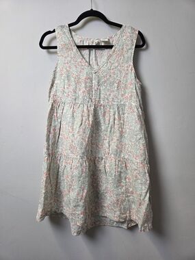 Joie Floral Tiered Mini Linen Dress in Light Mint and Coral